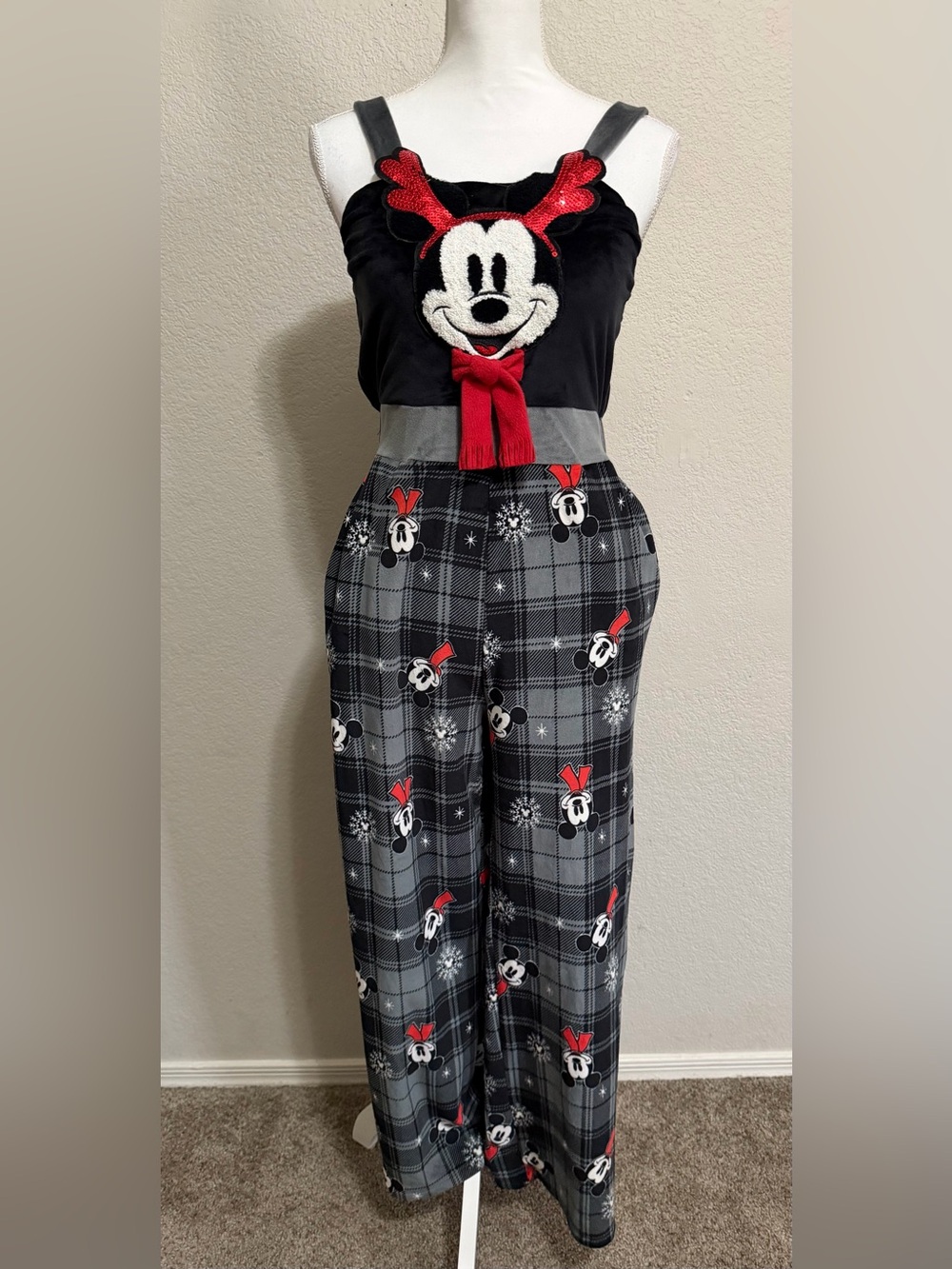 Disney Black and Gray Plaid Minnie Mouse Jumpsuit with Red Accents